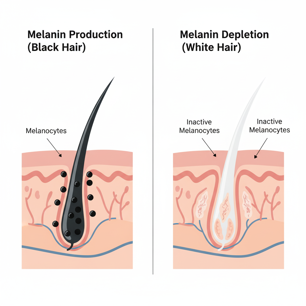 Diagram showing how hair turns white due to melanin depletion